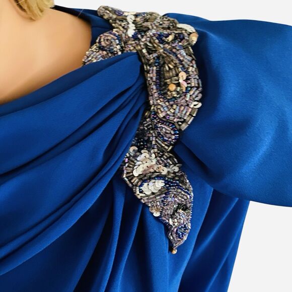 Vtg Dress 80s Long Sleeve Evening XLP Mother The Bride Modest Blue Sequins Midi - Picture 11 of 16